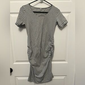Gray Striped Women's Ruched MaternityDress